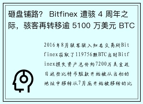 砸盘铺路？ Bitfinex 遭骇 4 周年之际，骇客再转移逾 5100 万美元 BTC